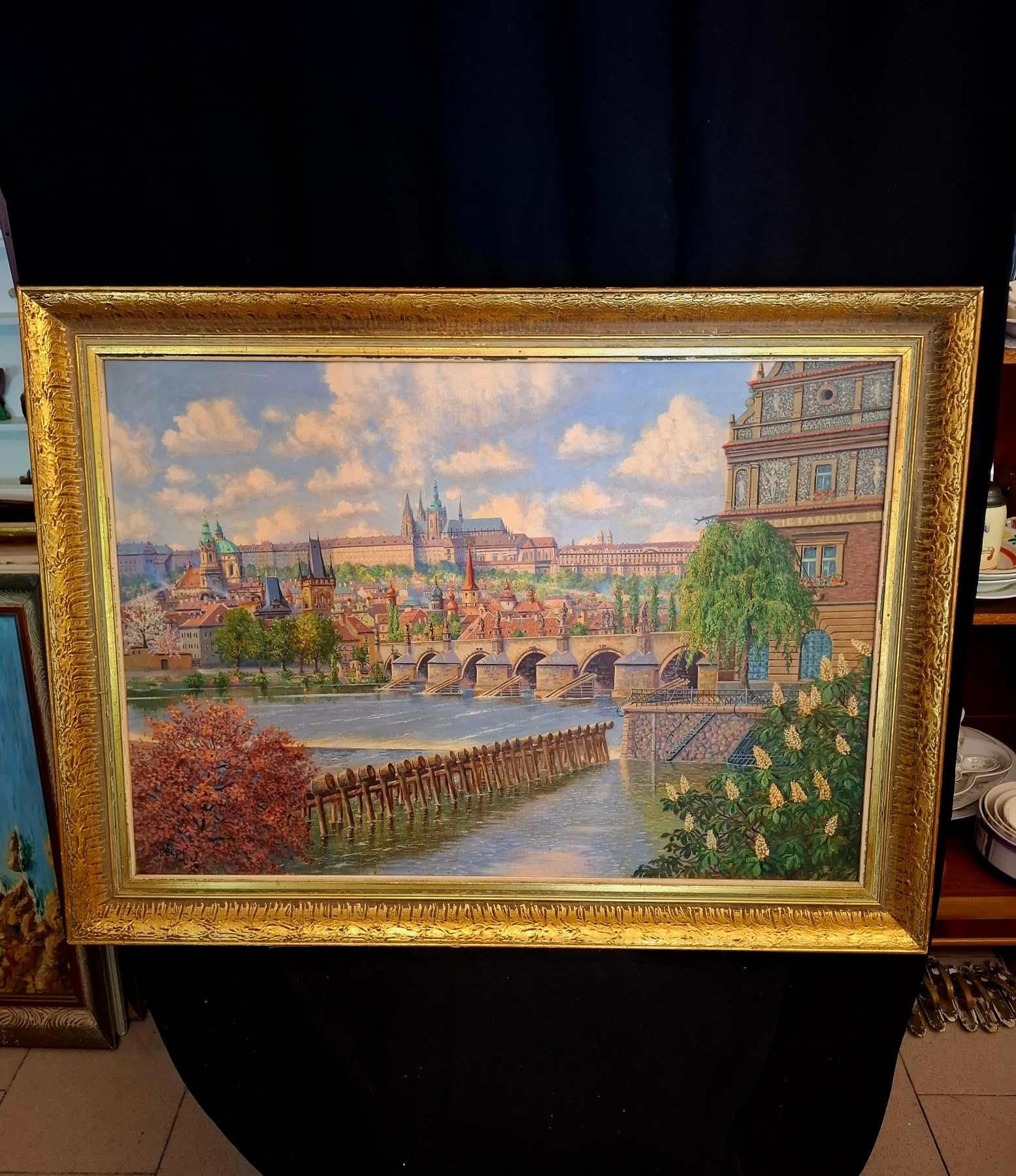 Olejomalba s pražským panoramatem Karlův most F. Čech